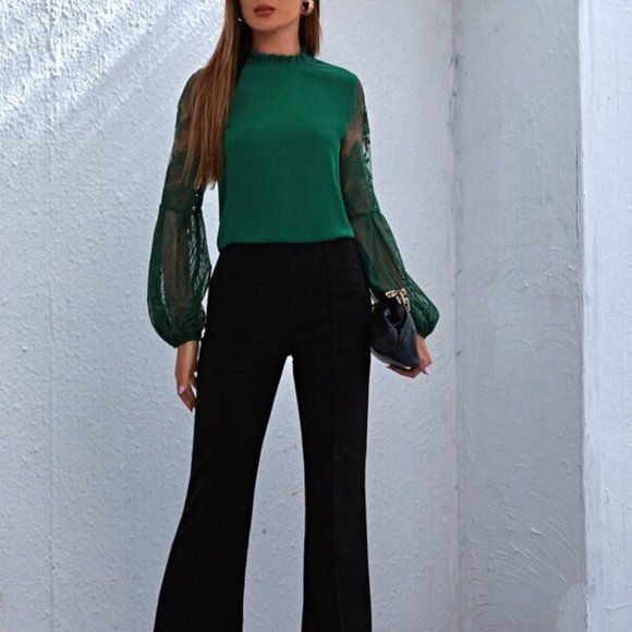 Green sheer sleeve lace long sleeve Top Classic - Picture 4 of 8